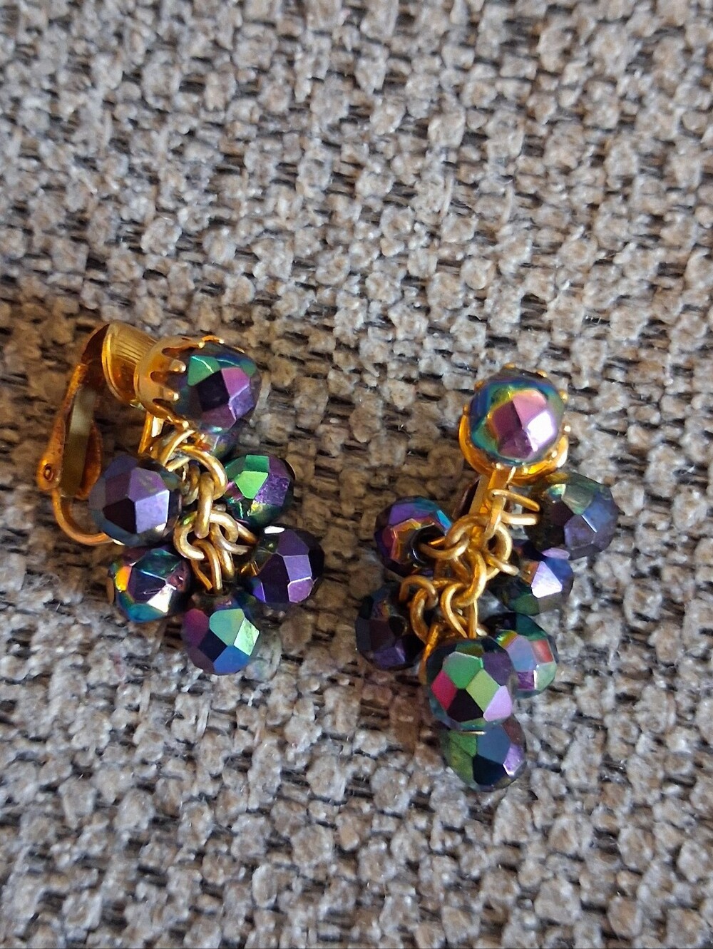 Vintage Gold-Tone Cluster Clip-On Earrings with Iridescent Purple-Green Beads